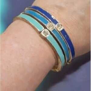 Premier Designs Rhinestone Enamel Bangle Bracelet Set Gold Tone 3 Piece Blues